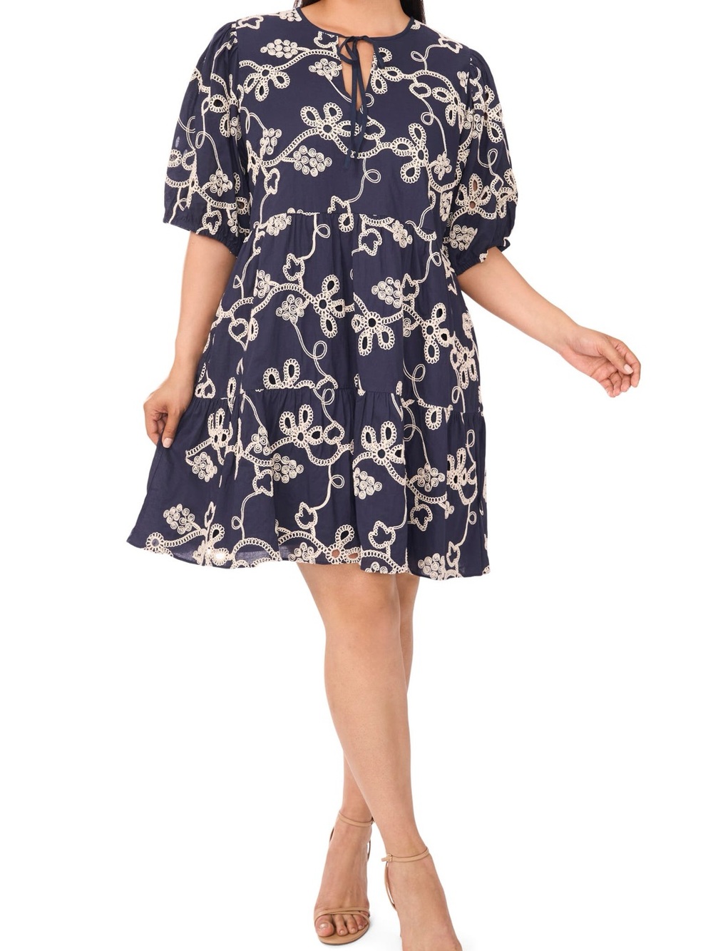 Embroidered tiered cotton babydoll dress